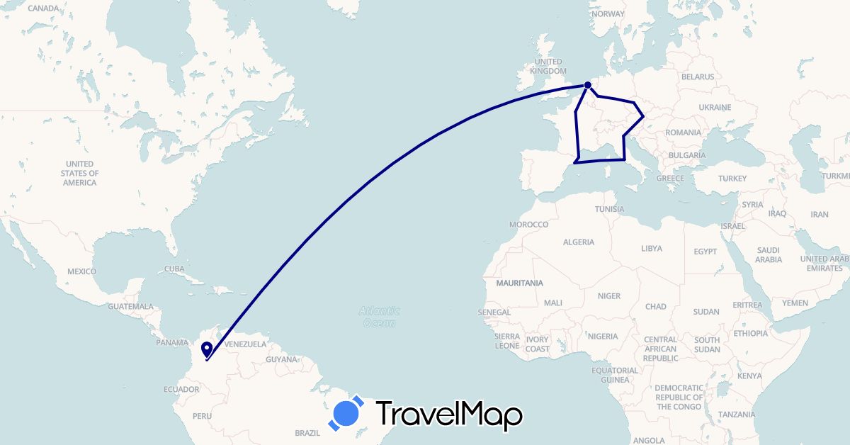 TravelMap itinerary: driving in Austria, Colombia, Czech Republic, Germany, Spain, France, Italy, Netherlands (Europe, South America)