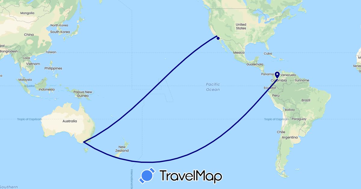 TravelMap itinerary: driving in Australia, Colombia, United States (North America, Oceania, South America)